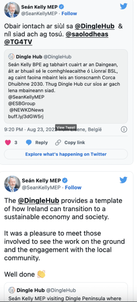 Seán Kelly tweets about Dingle Hub